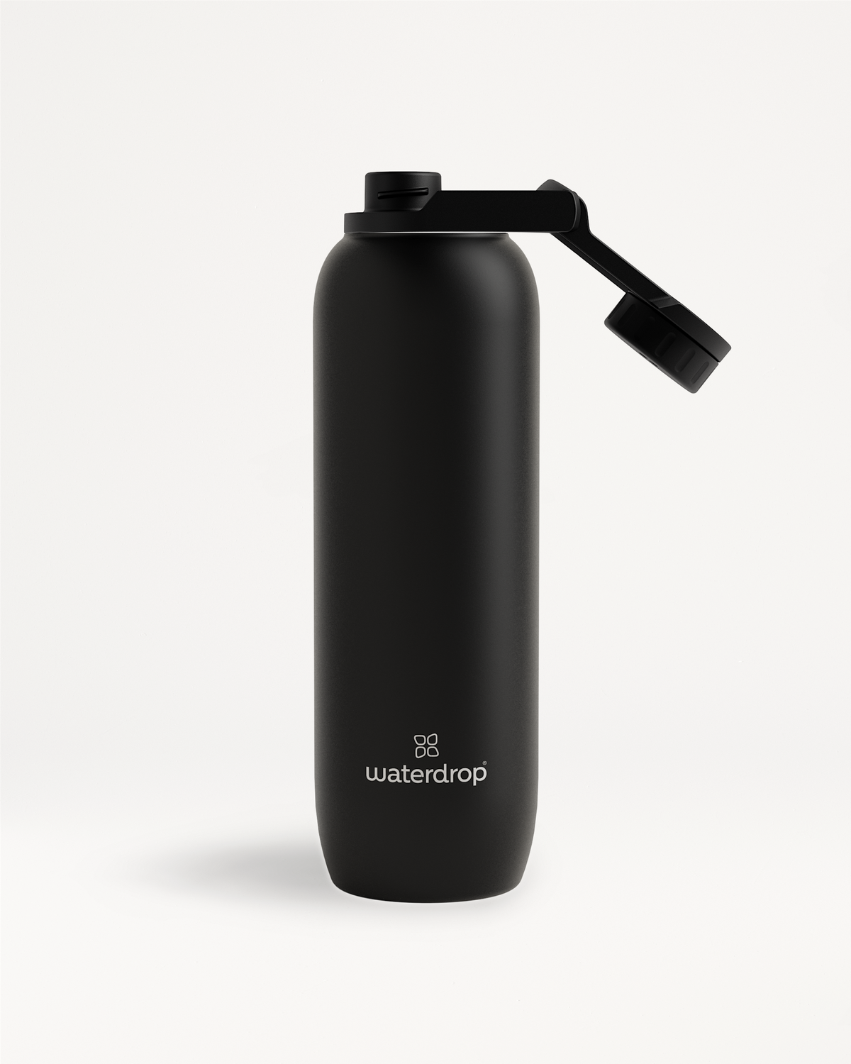 All-Purpose Thermo · Swing Lid Nahaufnahme einer schwarzen Wasserflasche.