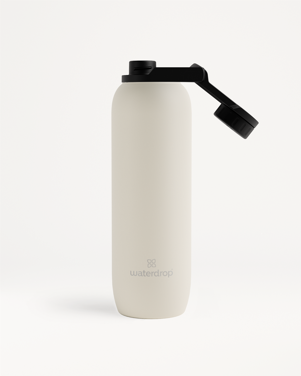 All-Purpose Thermo · Swing Lid Flasche mit schwarzem Deckel.