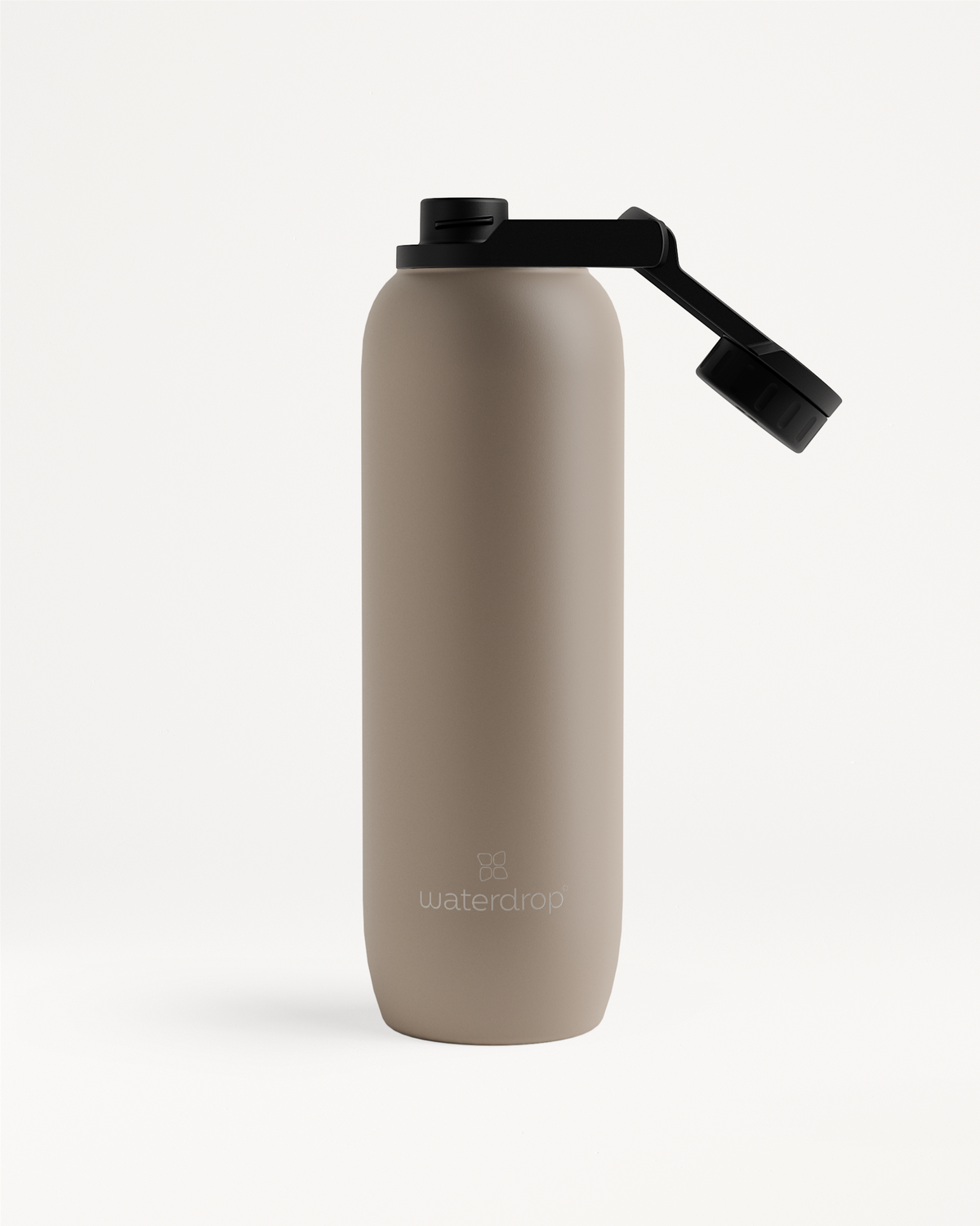 All-Purpose Thermo · Swing Lid, schwarze Flasche, Nahaufnahme.