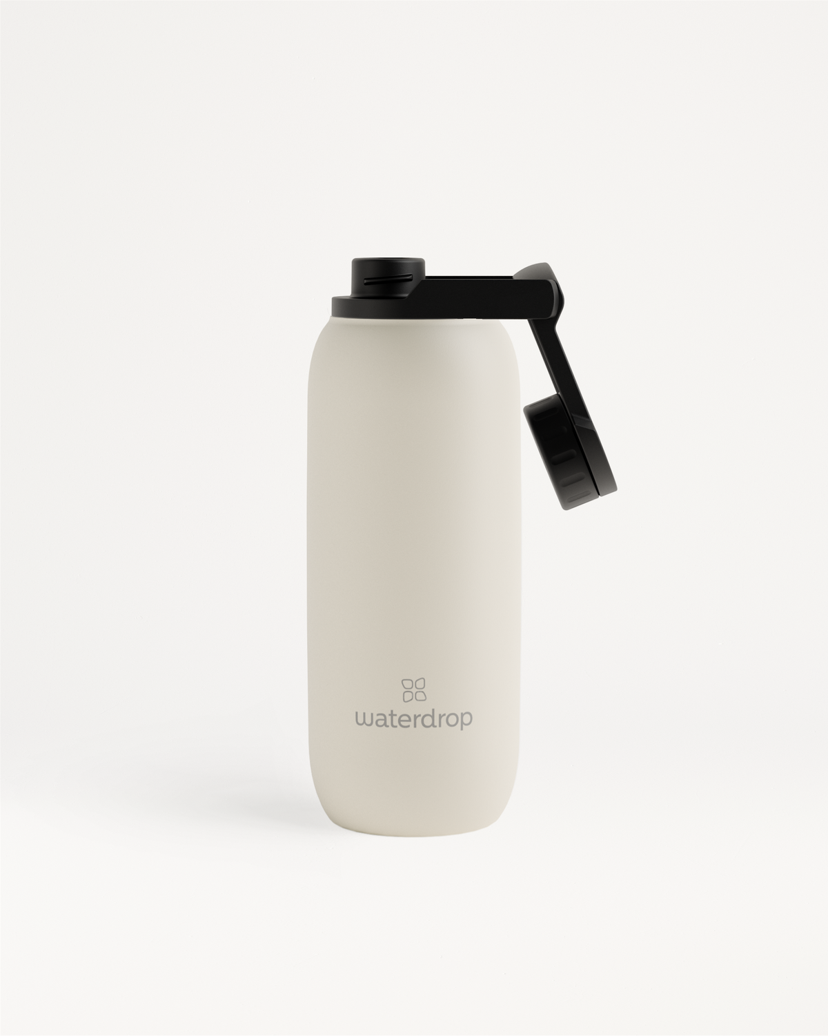 All-Purpose Thermo · Swing Lid Wasserflasche mit schwarzem Deckel.