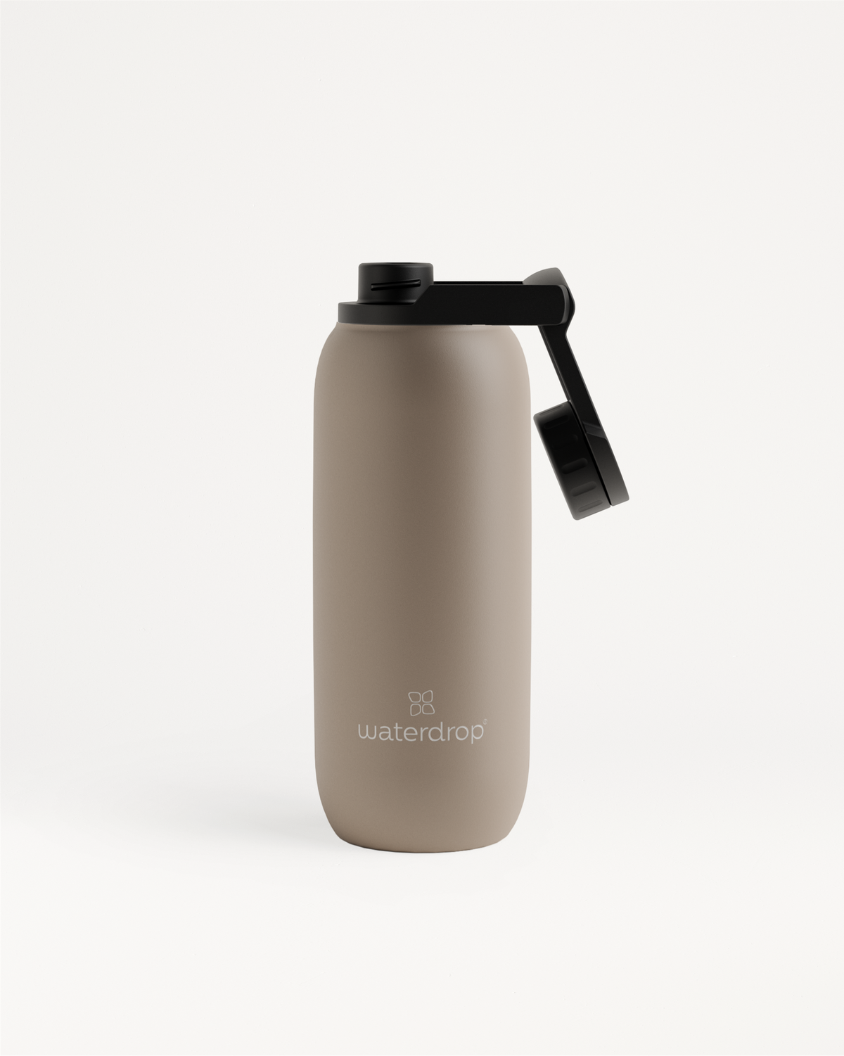 All-Purpose Thermo · Swing Lid Wasserflasche mit schwarzem Deckel.