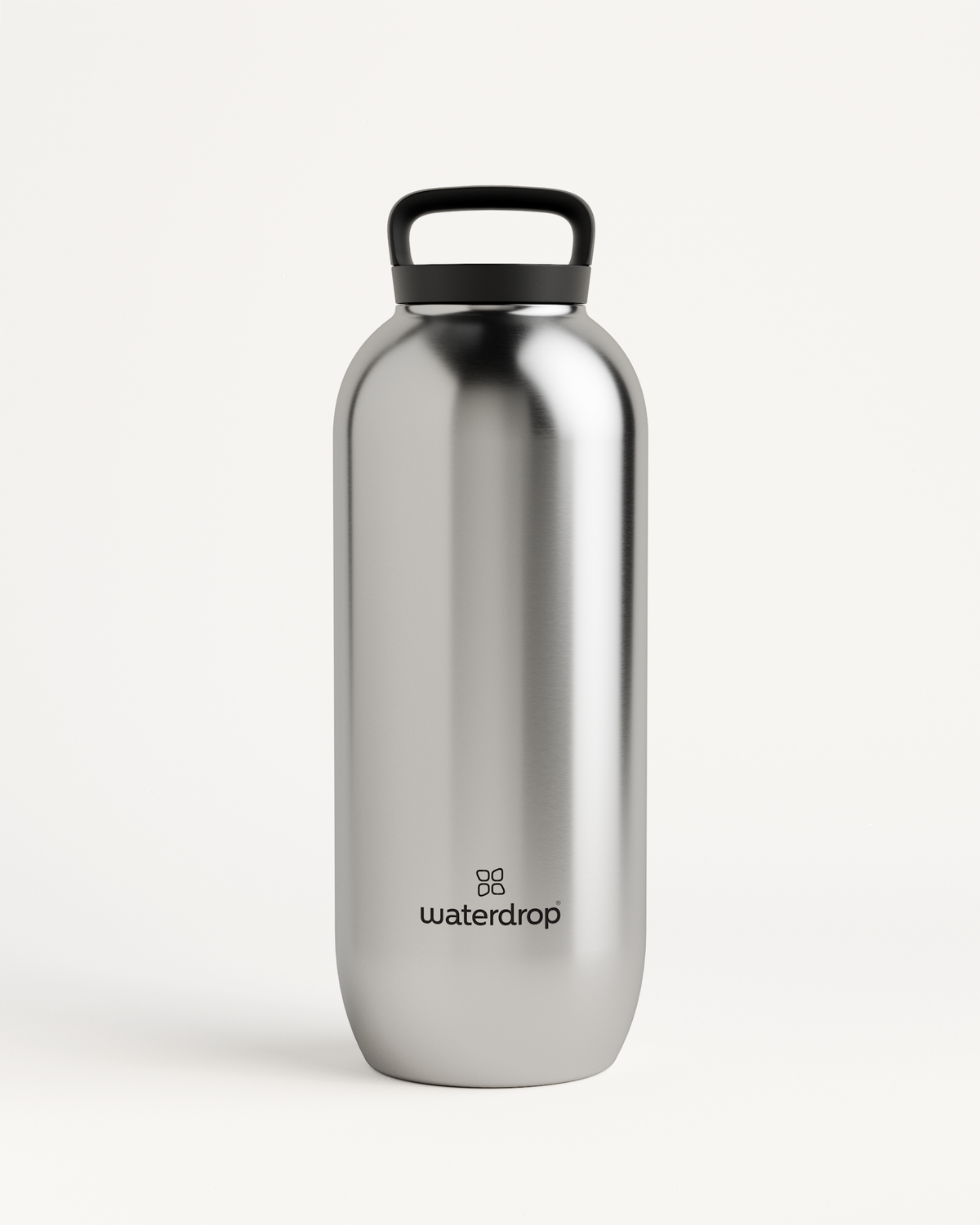 All-Purpose Thermo · Loop Lid Wasserflasche, nahaufnahme silberner Flasche mit Griff.