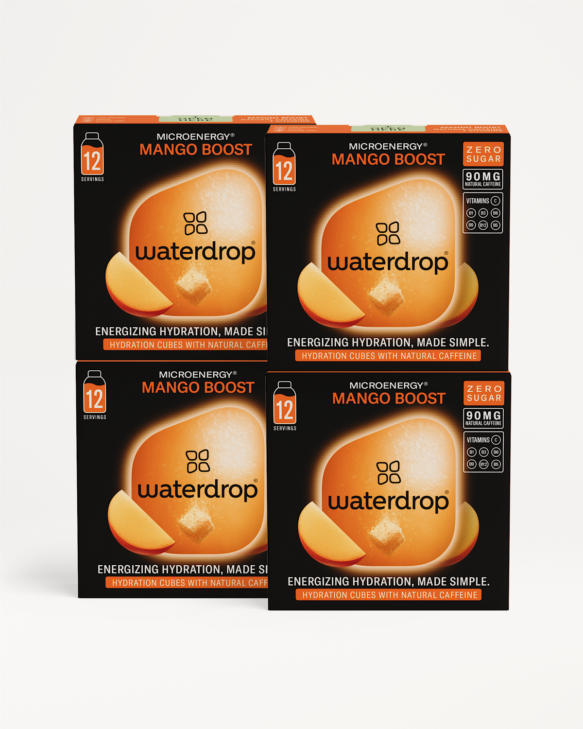 Microenergy BOOST 3+1 Mango Boost Hydrationswürfel von Waterdrop® in Kartons.