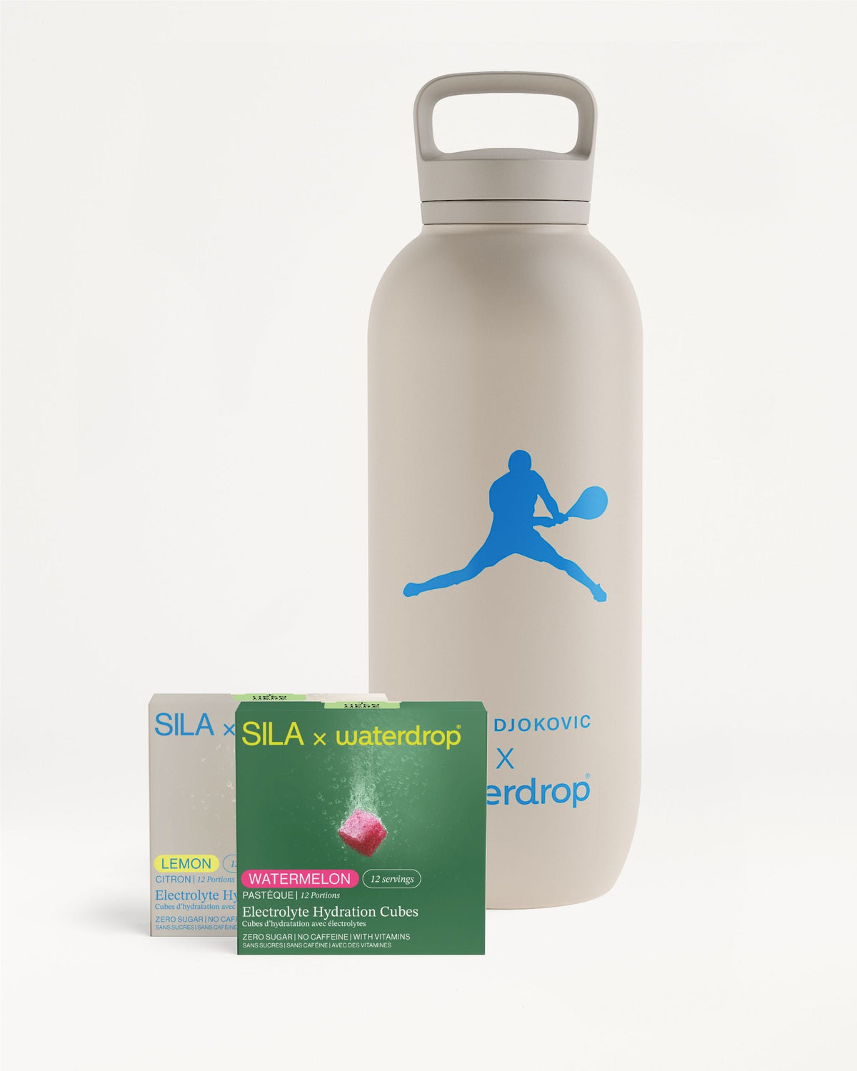 Novak Djokovic Bottle Set mit Elektrolyt-Hydrationswürfeln.