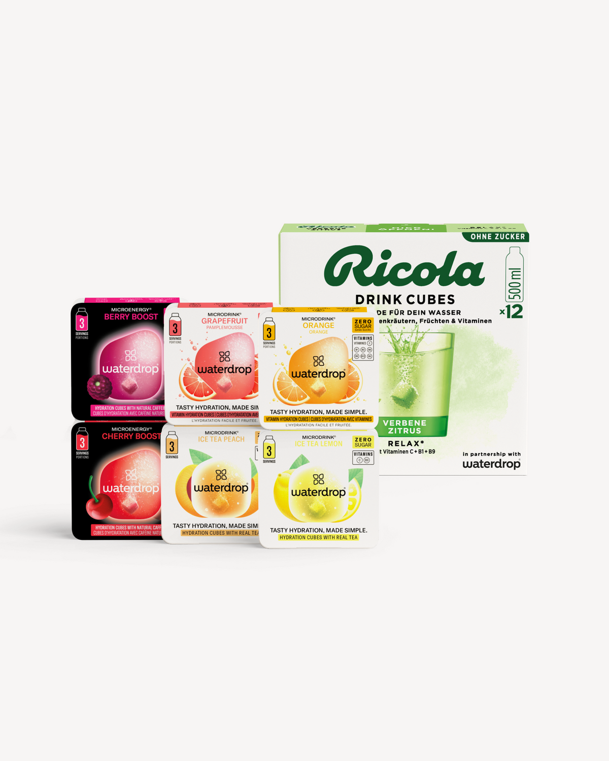 waterdrop® x Ricola Probierpaket mit hydratisierenden Aromawürfeln.