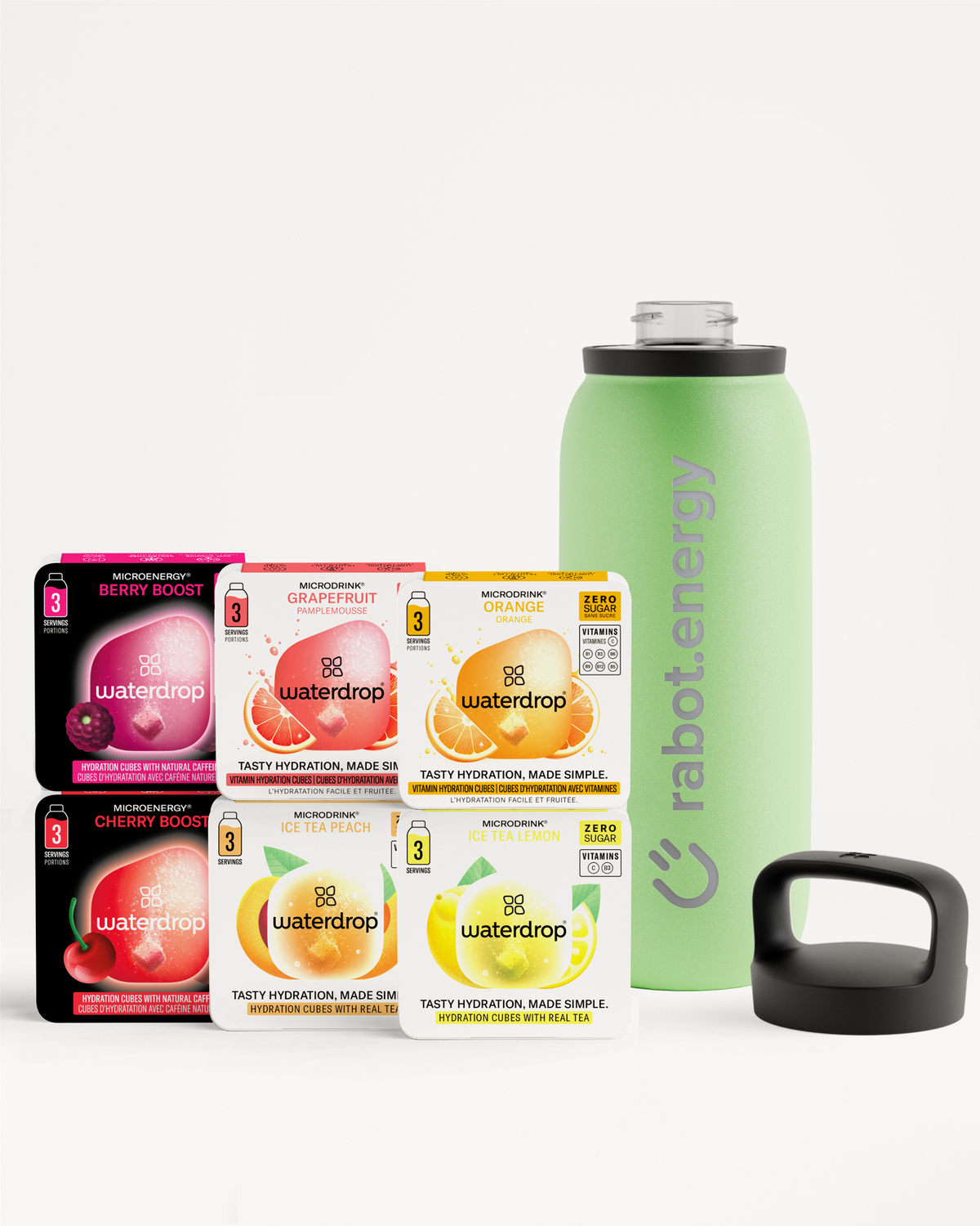 rabot.energy x waterdrop Goodie Box mit sechs Geschmacksrichtungen und Edelstahlflasche.
