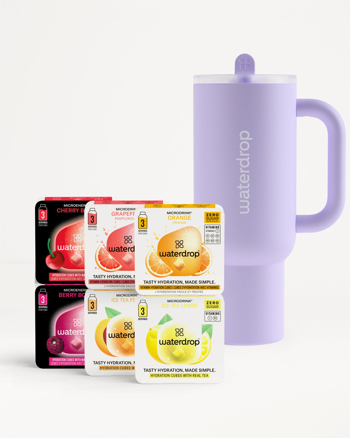 Starter Set Explorer Thermo Tumbler mit sechs Microdrink-Sorten.