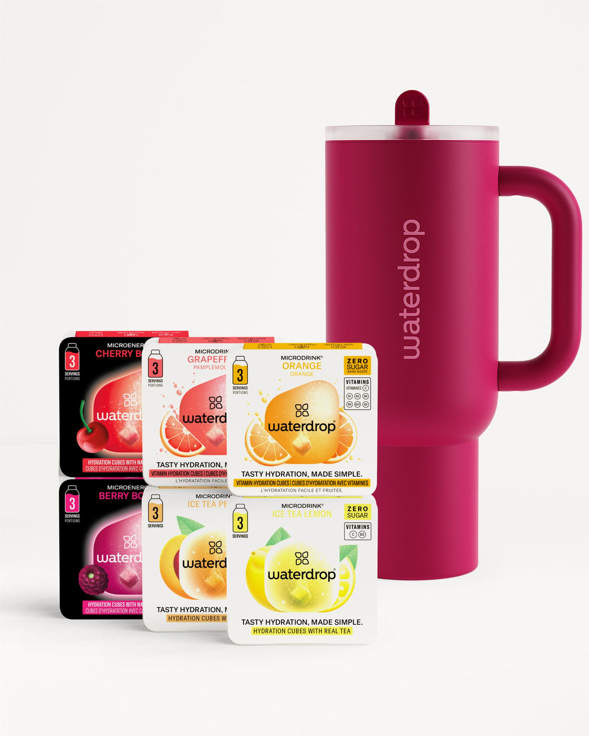 Starter Set Explorer Thermo Tumbler mit sechs Microdrink-Sorten von waterdrop®.