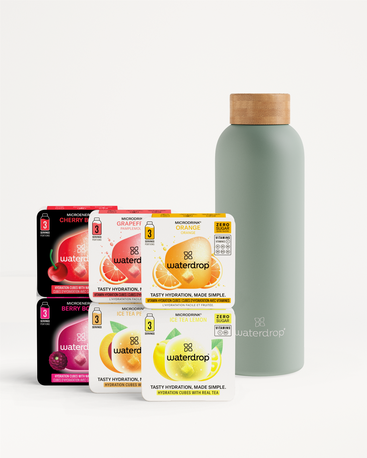 Starter Set Microdrink Thermo Steel with six hydration-cube packs.