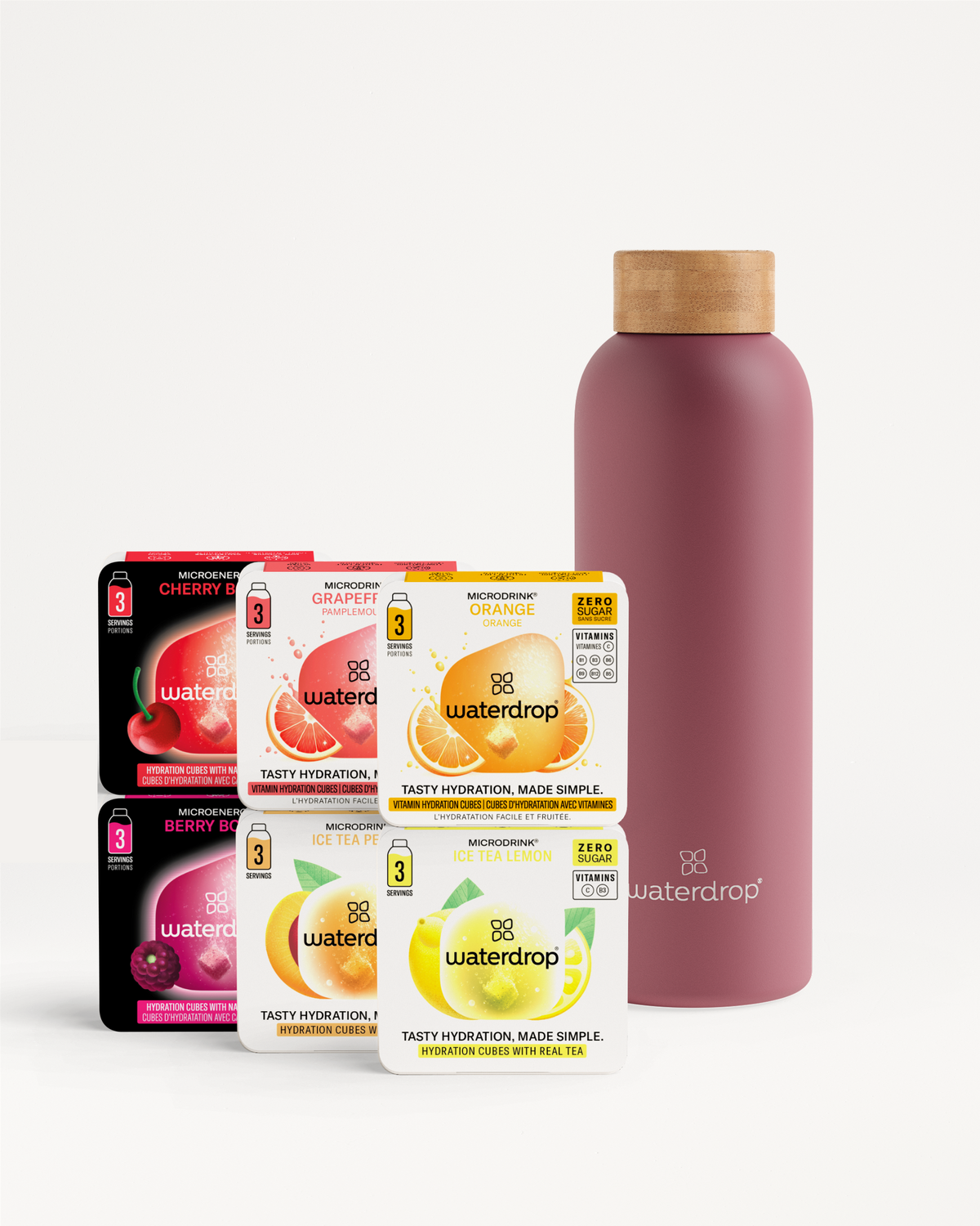 Starter Set Microdrink Thermo Steel with fruit and iced-tea flavors.