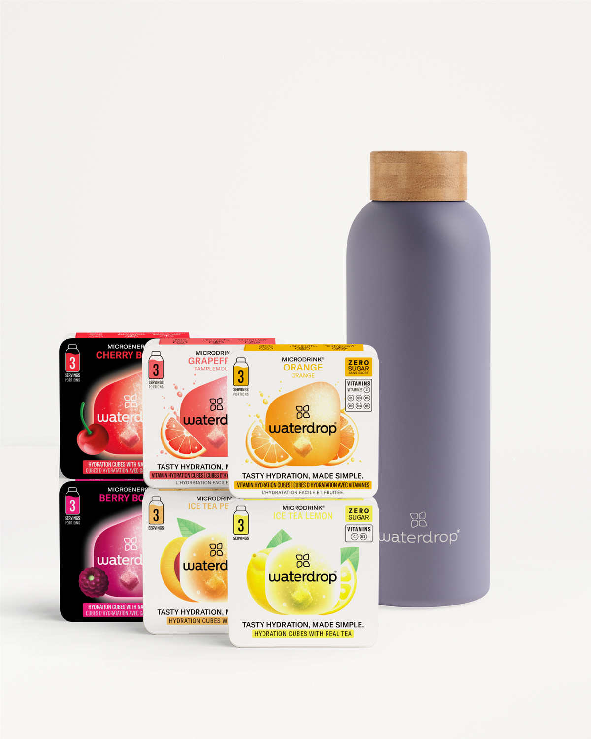 Starter Set Microdrink Thermo Steel with six flavor packs and bottle.