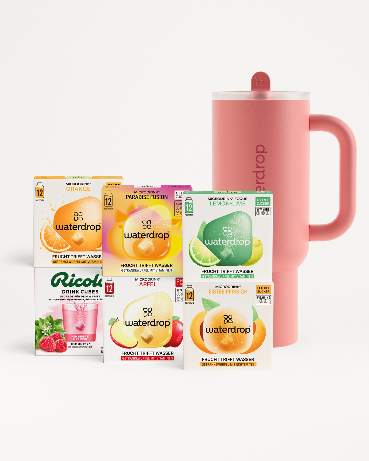 Hydration Megapack Bottle Set: Wasserwürfel-Mix mit Isolierbecher.