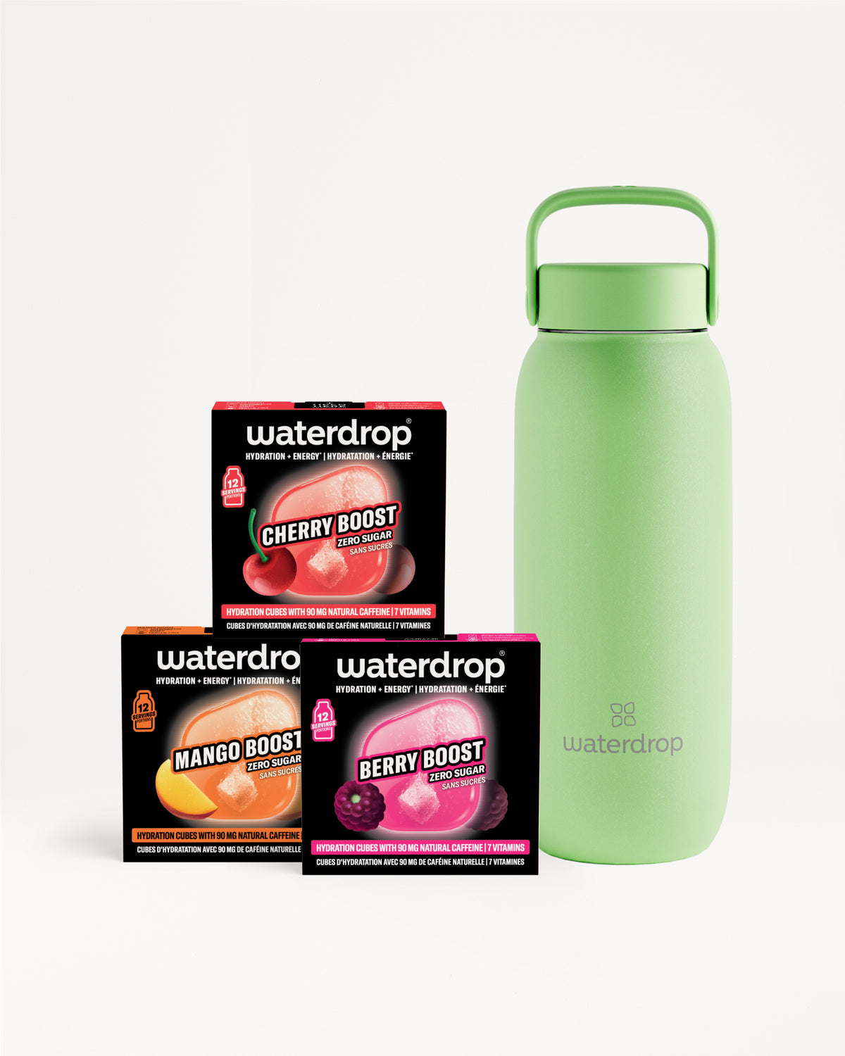 Grüne isolierte Flasche mit Henkel neben drei Waterdrop-Geschmackskästen.