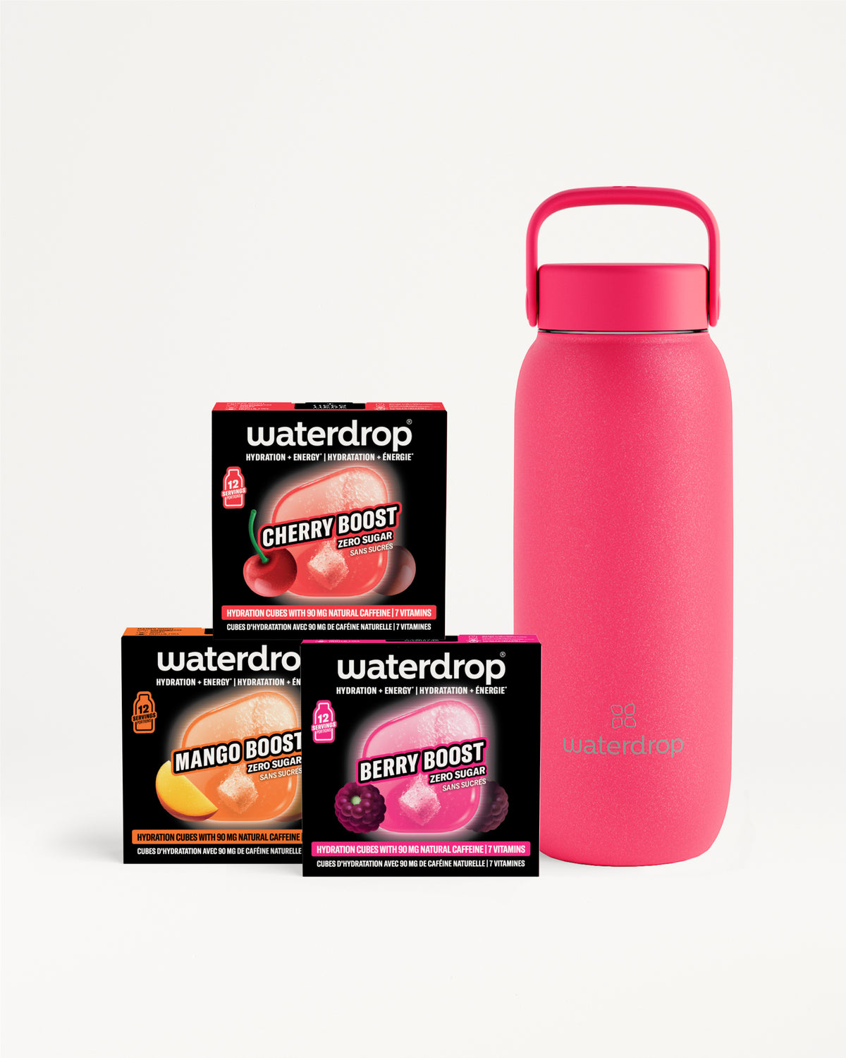 Rosa wiederverwendbare Wasserflasche neben drei kleinen schwarzen Waterdrop-Boxen.