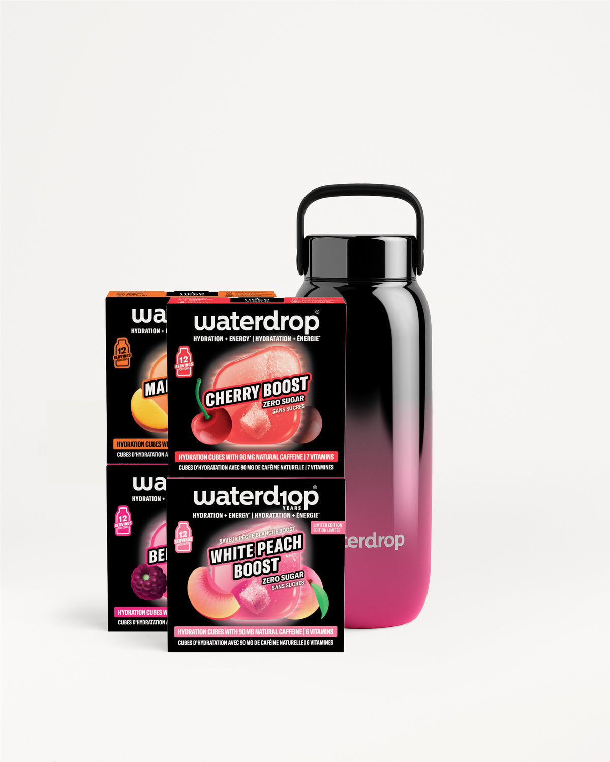 Set Waterdrop Geschmack Boost-Additive und eine Gradientflasche von Pink zu Schwarz.