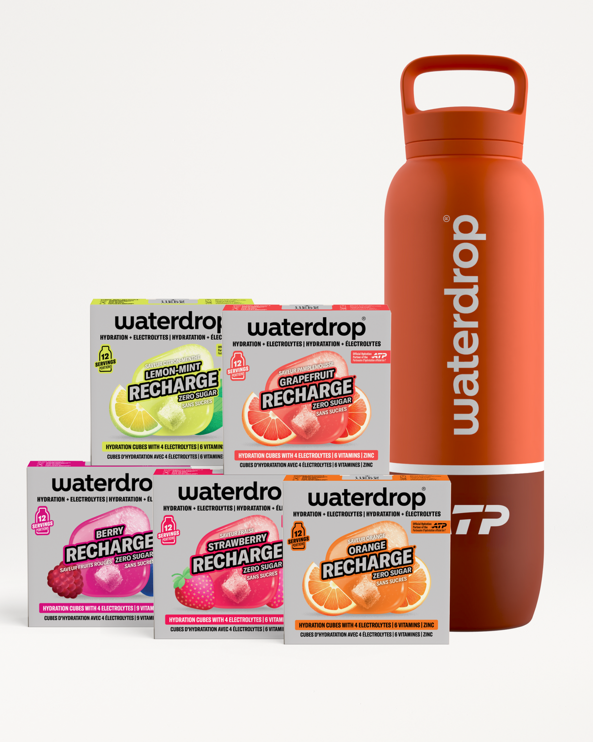 Verschiedene Waterdrop Recharge-Geschmackskartons neben einer orangefarbenen wiederverwendbaren Flasche.