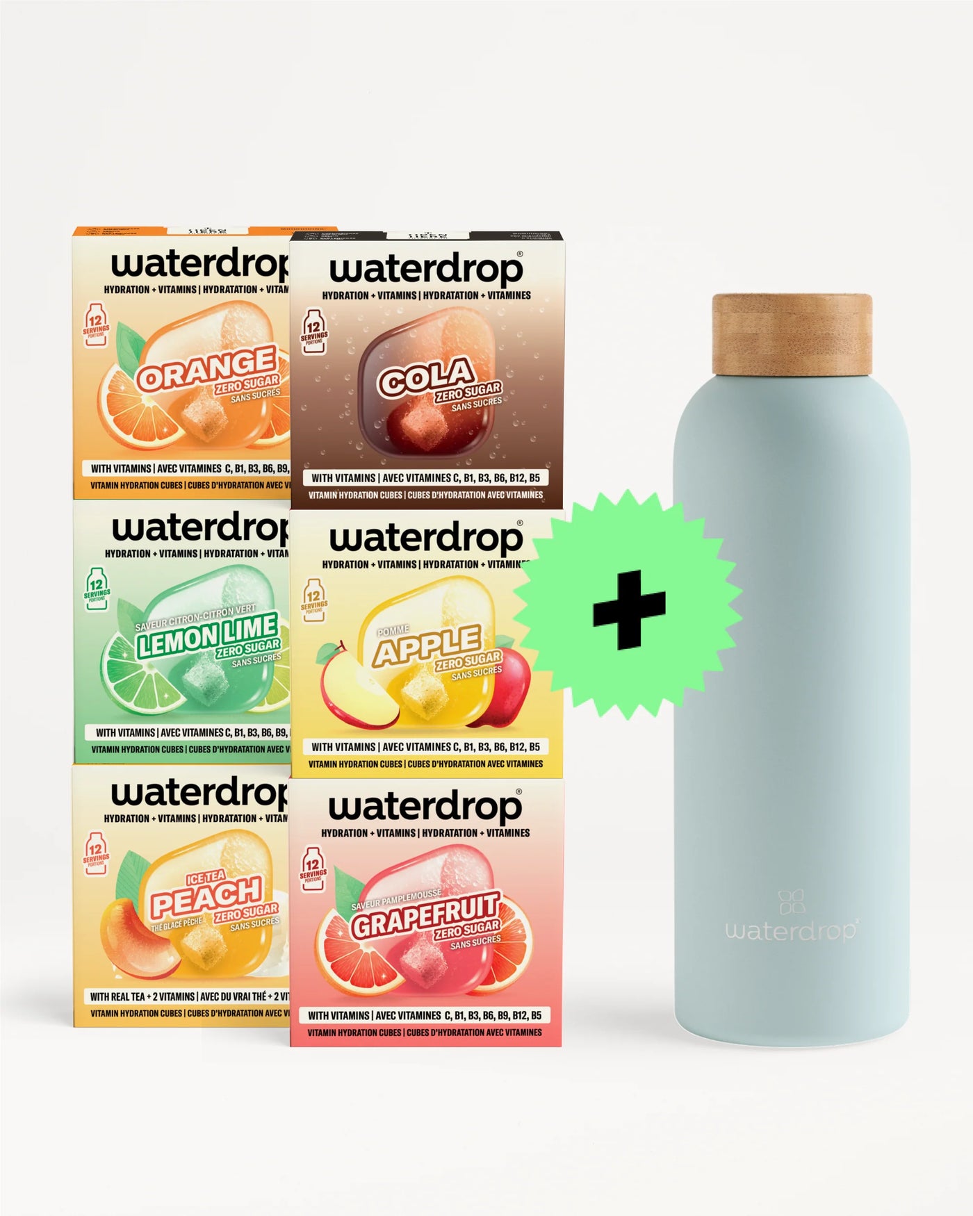 Sortierte Waterdrop‑Geschmacksboxen neben einer hellblauen, wiederverwendbaren Flasche.