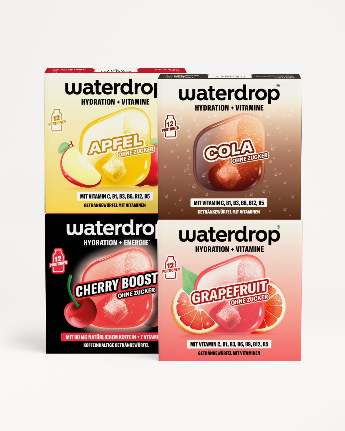 Vier Waterdrop Getränke-Packungen für Hydration und Vitamine in einer 2x2-Anordnung, jeder Geschmack durch eine farbige Verpackung dargestellt.