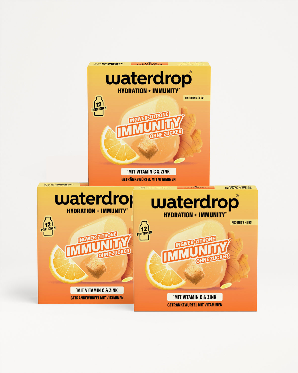 Drei Boxen Waterdrop Immunity Getränkemischung Orangen-Geschmack, gestapelt in einer Pyramide.