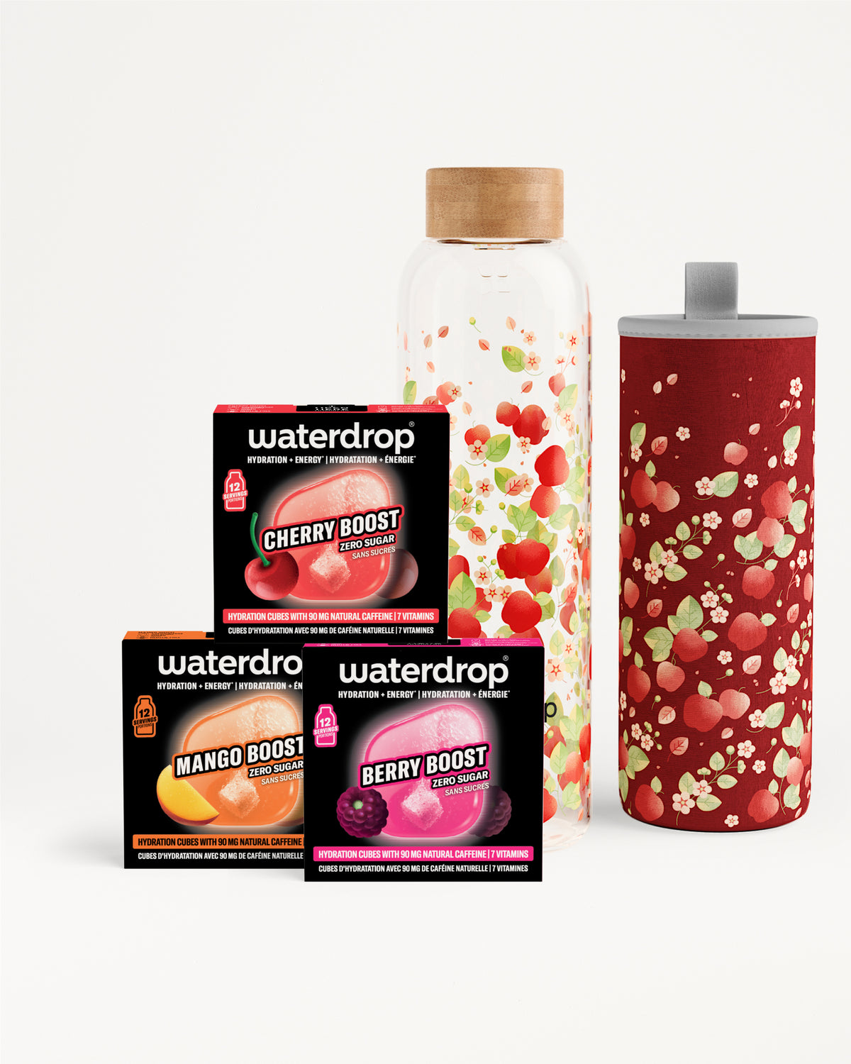 Sortiment Waterdrop Geschmack-Booster mit Glasflasche und rotem Becher.