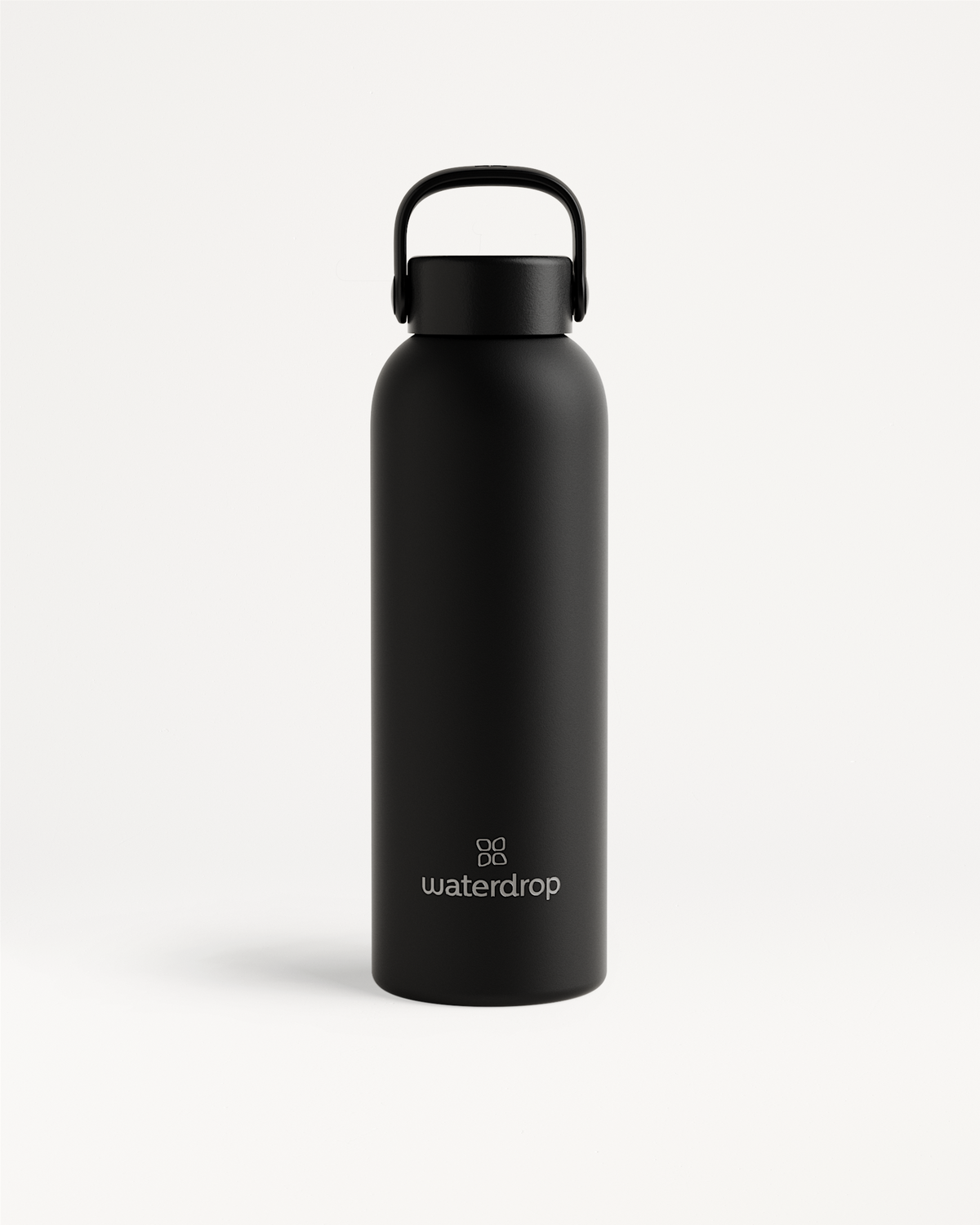 Thermo Steel Bottle · Carry Cap, matt-schwarze Edelstahl-Trinkflasche.