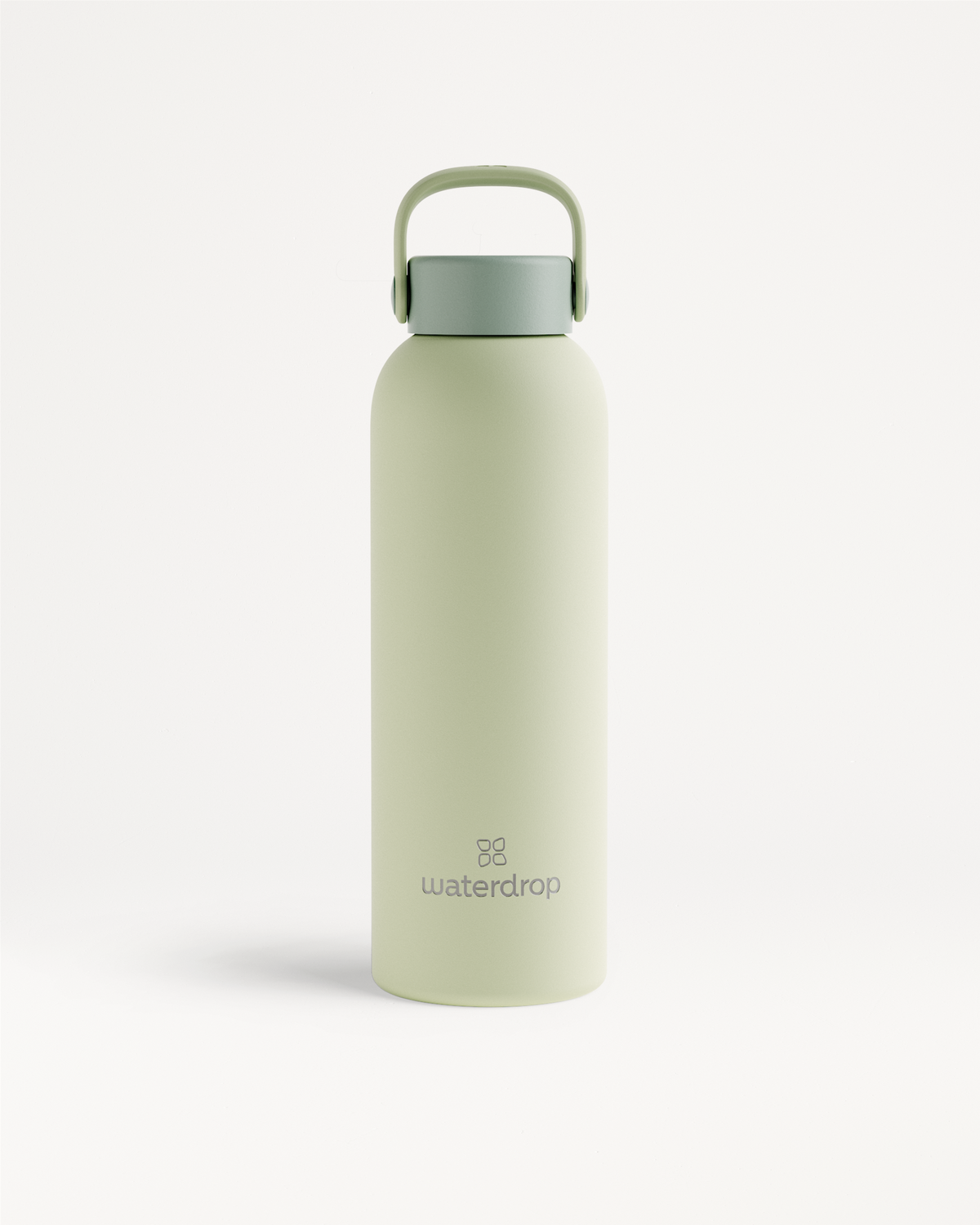 Thermo Steel Bottle · Carry Cap, grün mit Wasserflaschen-Logo.