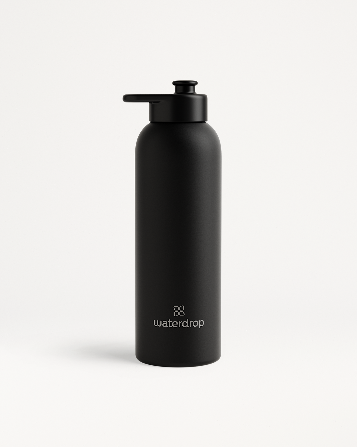 Thermo Steel Bottle · Pull-Up Cap, matte-schwarz, mit Wasserdrop-Logo.