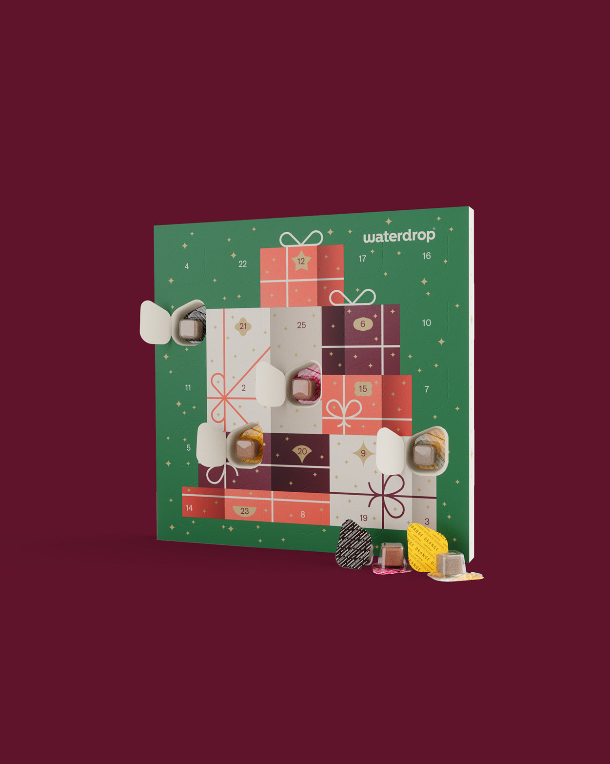Adventskalender Small Twin Pack mit Microdrink-Würfeln, teils geöffnet.