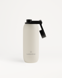All-Purpose Thermo · Swing Lid Wasserflasche mit schwarzem Deckel.