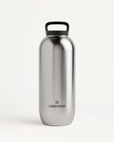 All-Purpose Thermo · Loop Lid Wasserflasche, nahaufnahme silberner Flasche mit Griff.