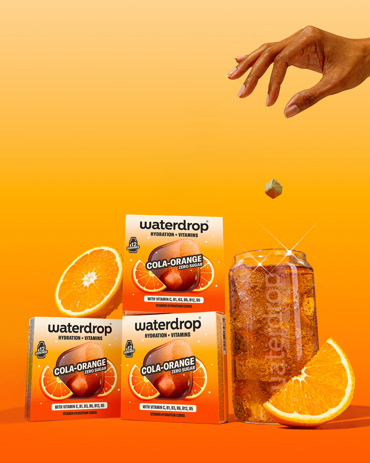 COLA ORANGE 3+1: Erfrischende, zuckerfreie Hydrationswürfel mit Vitaminen.