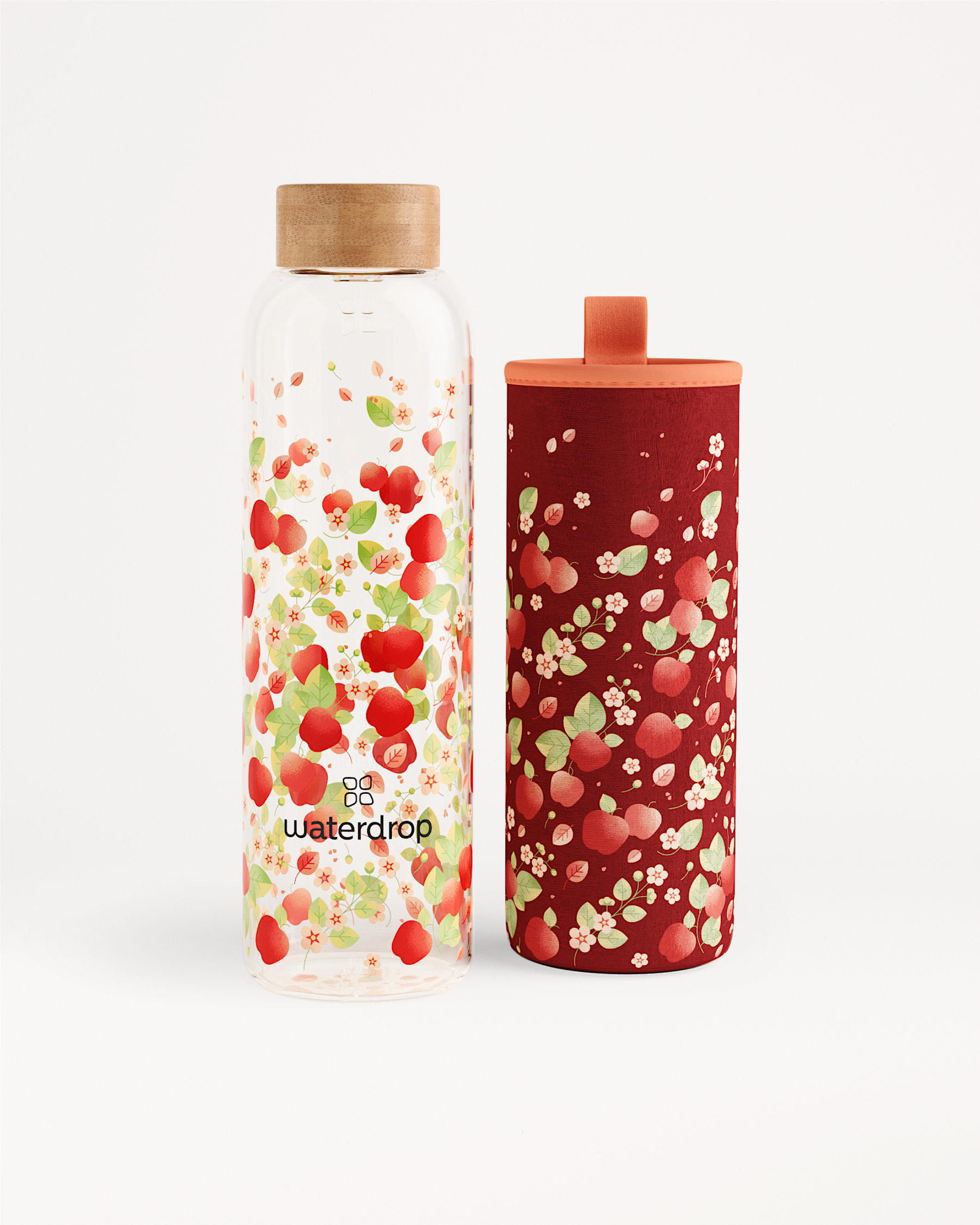 APFEL Edition Glassflasche mit Fruchtmuster und passendem roten Schutz.