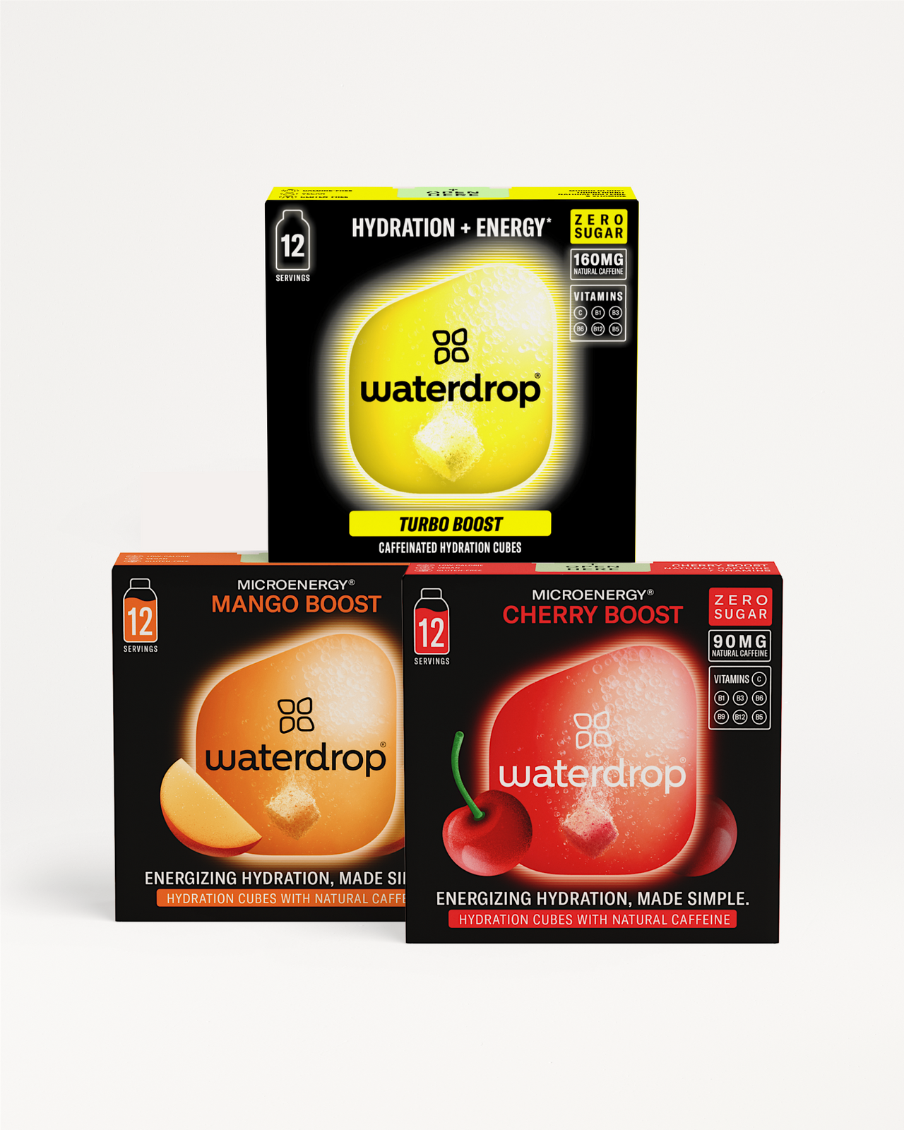 Microenergy Booster Set: Drei Sorten koffeinhaltiger Hydrationswürfel.