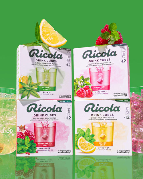 waterdrop® x Ricola Taster Set mit 4 Kräuter-Frucht-Mischungen.
