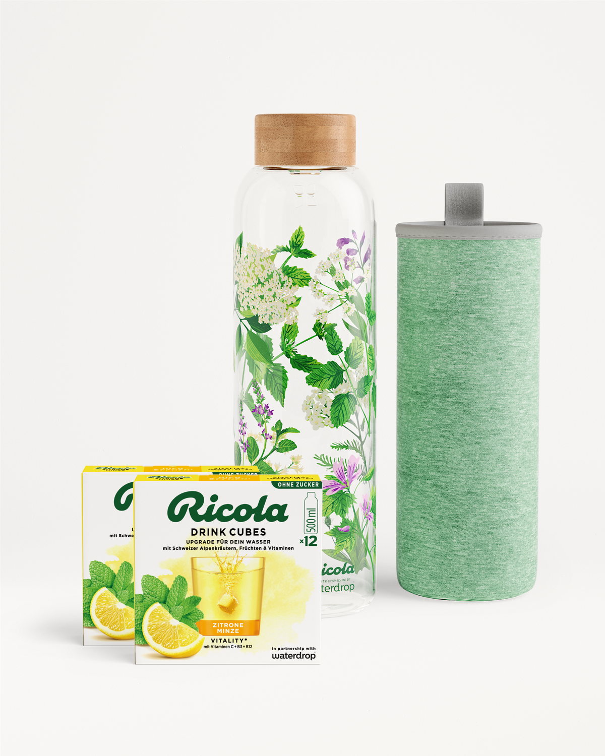 Ricola Bottle Set mit Glasflasche und 24 Zitronen-Minze Drink Cubes.