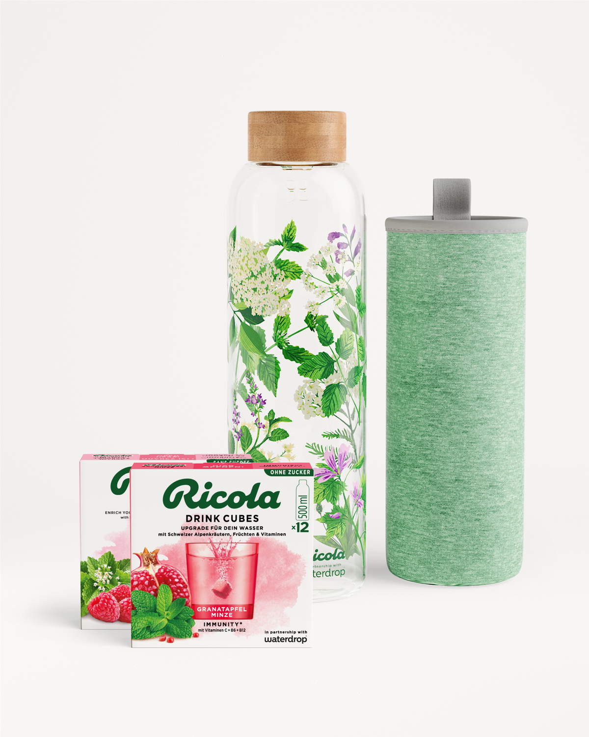 Ricola Bottle Set mit Getränkewürfeln und Glasflasche.