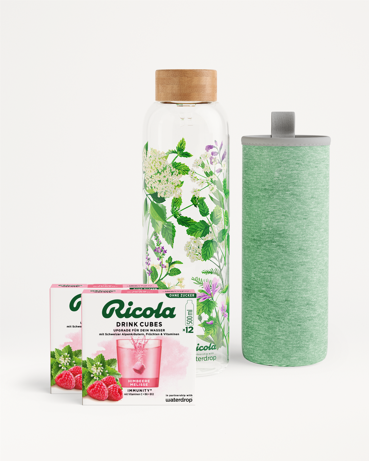Ricola Bottle Set mit Drink Cubes und Limited Edition Glasflasche.