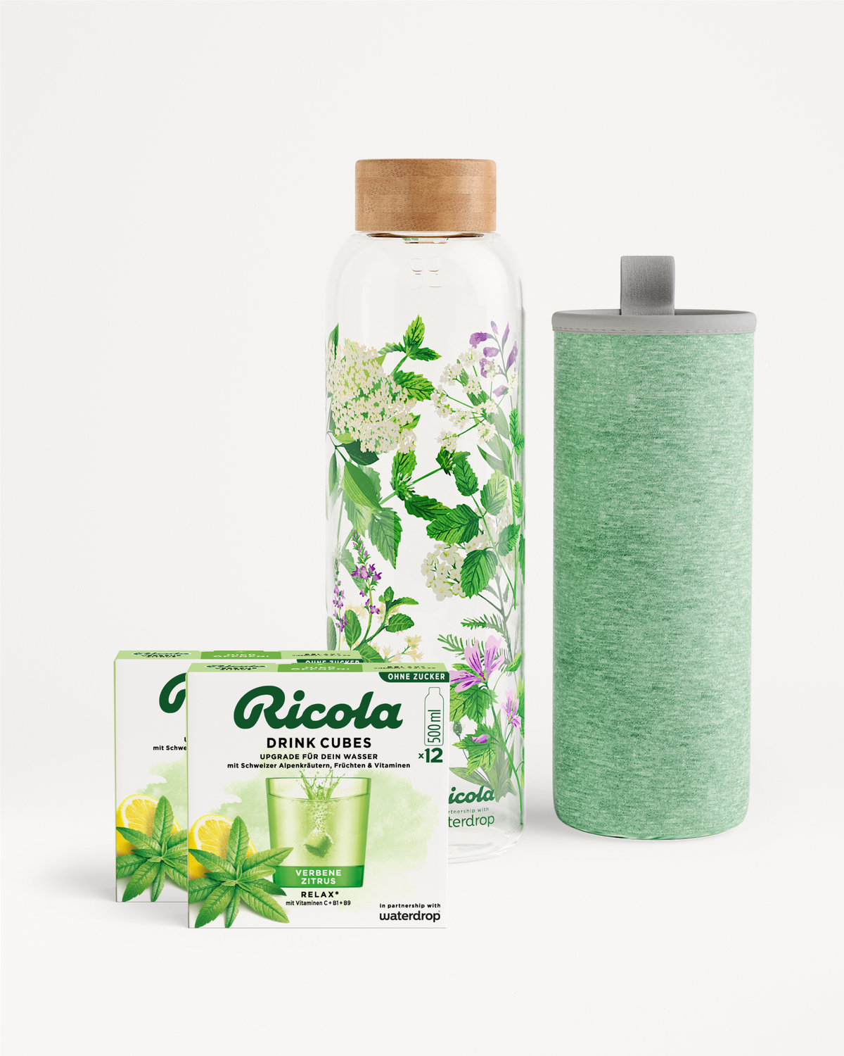 Ricola Bottle Set mit Glasflasche, Stoffhülle, Ricola Drink Cubes.