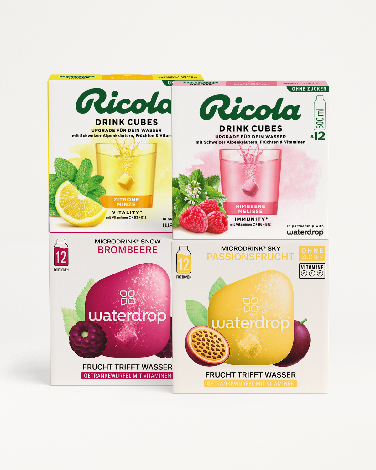 waterdrop® x Ricola Exclusive Set: Vier aromatische Getränkewürfel-Sorten.