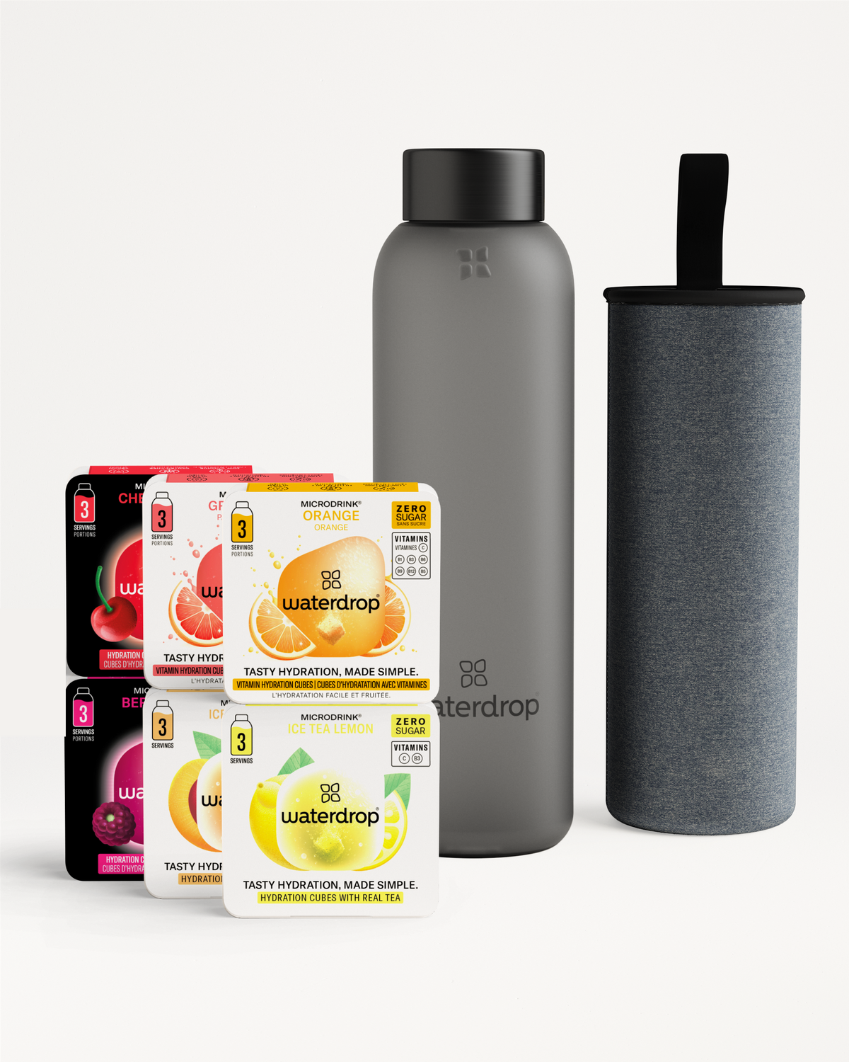 Starter Set Glass: Hydration-Würfel mit Flasche und Hülle.