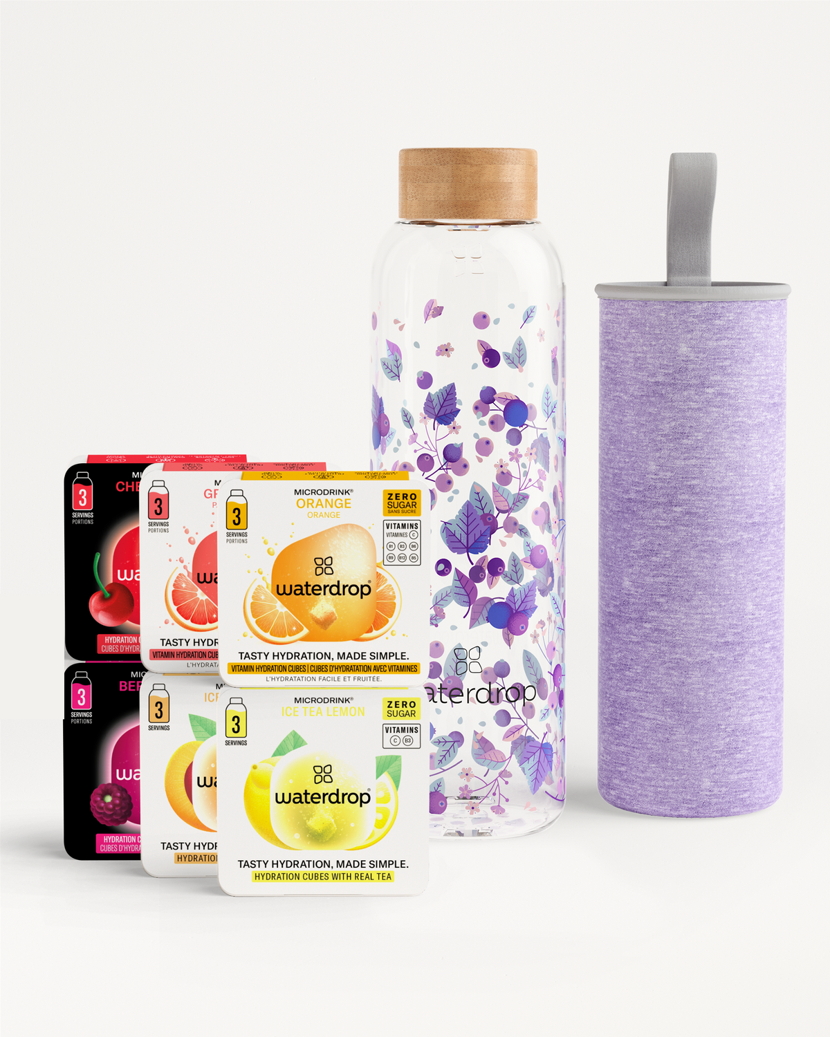 Starter Set Glass mit Microdrink-Würfeln und Glasflasche, botanisch bedruckt.