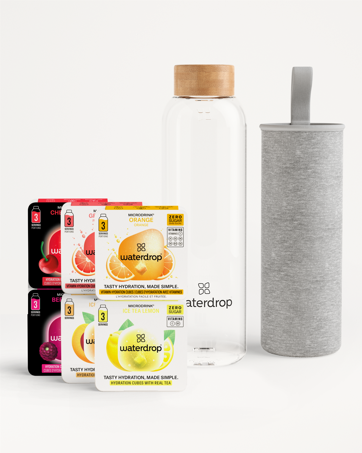 Starter Set Glass mit Wasserflasche und Microdrink-Würfeln.