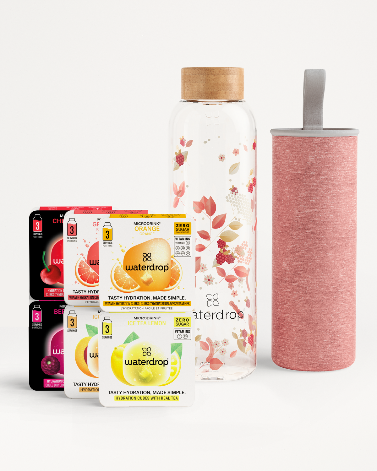 Starter Set Glass mit vitaminreichen Microdrink-Würfeln und Glasflasche.
