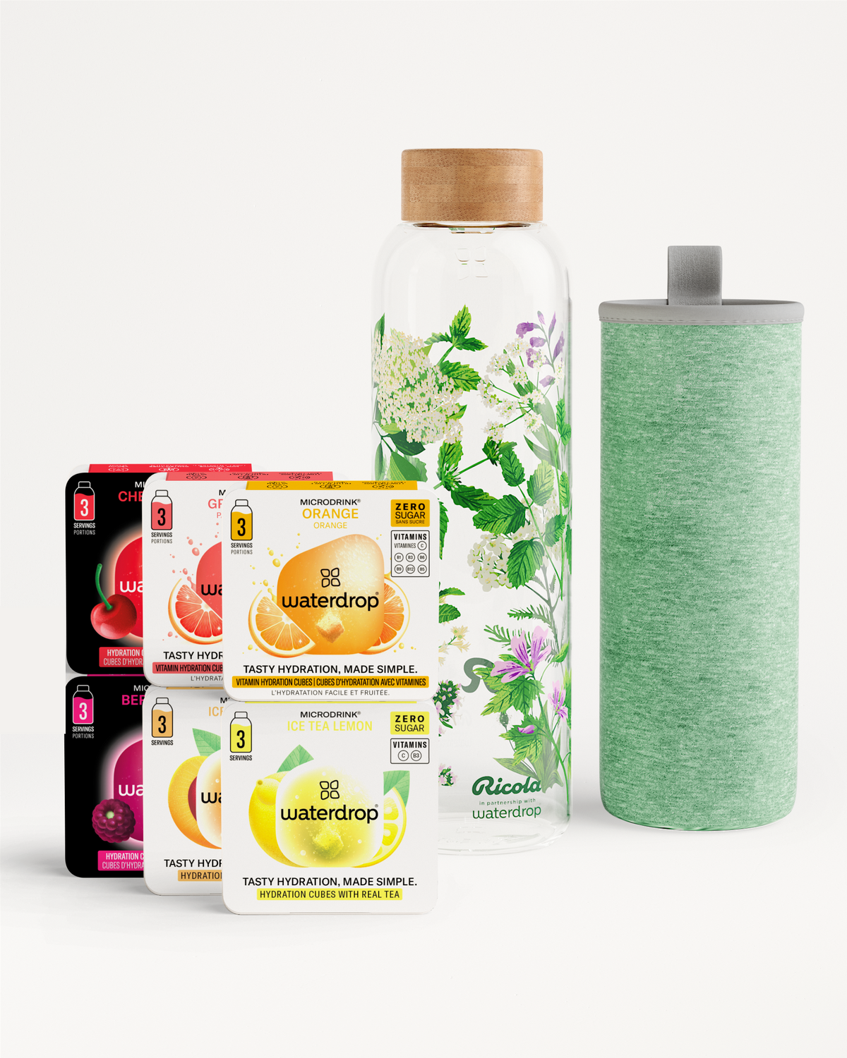 Starter Set Glass mit Waterdrop Würfeln und botanischer Glasflasche.