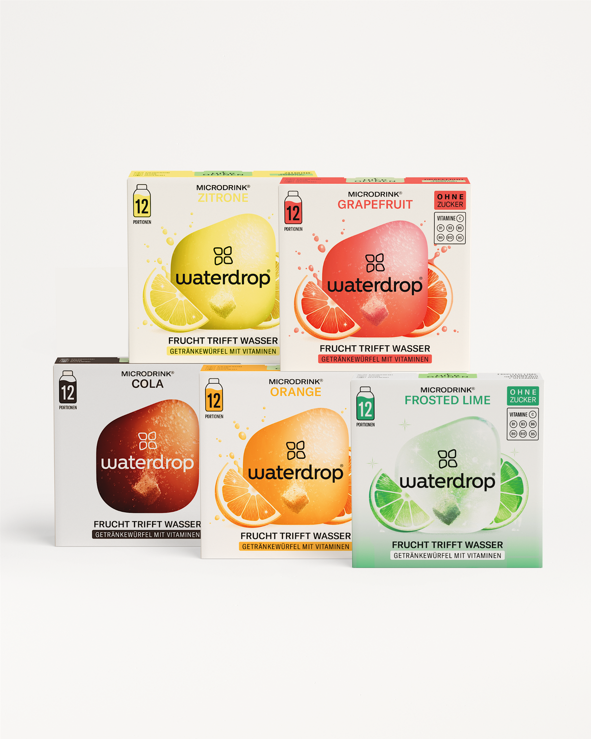 Probier's prickelnd 4+1 Set: Fünf vitaminreiche, zuckerfreie Getränkewürfel-Boxen.