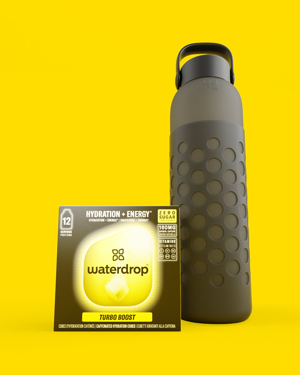 Limited Edition Frosted Glass Set mit Flasche und Turbo Boost Würfeln.