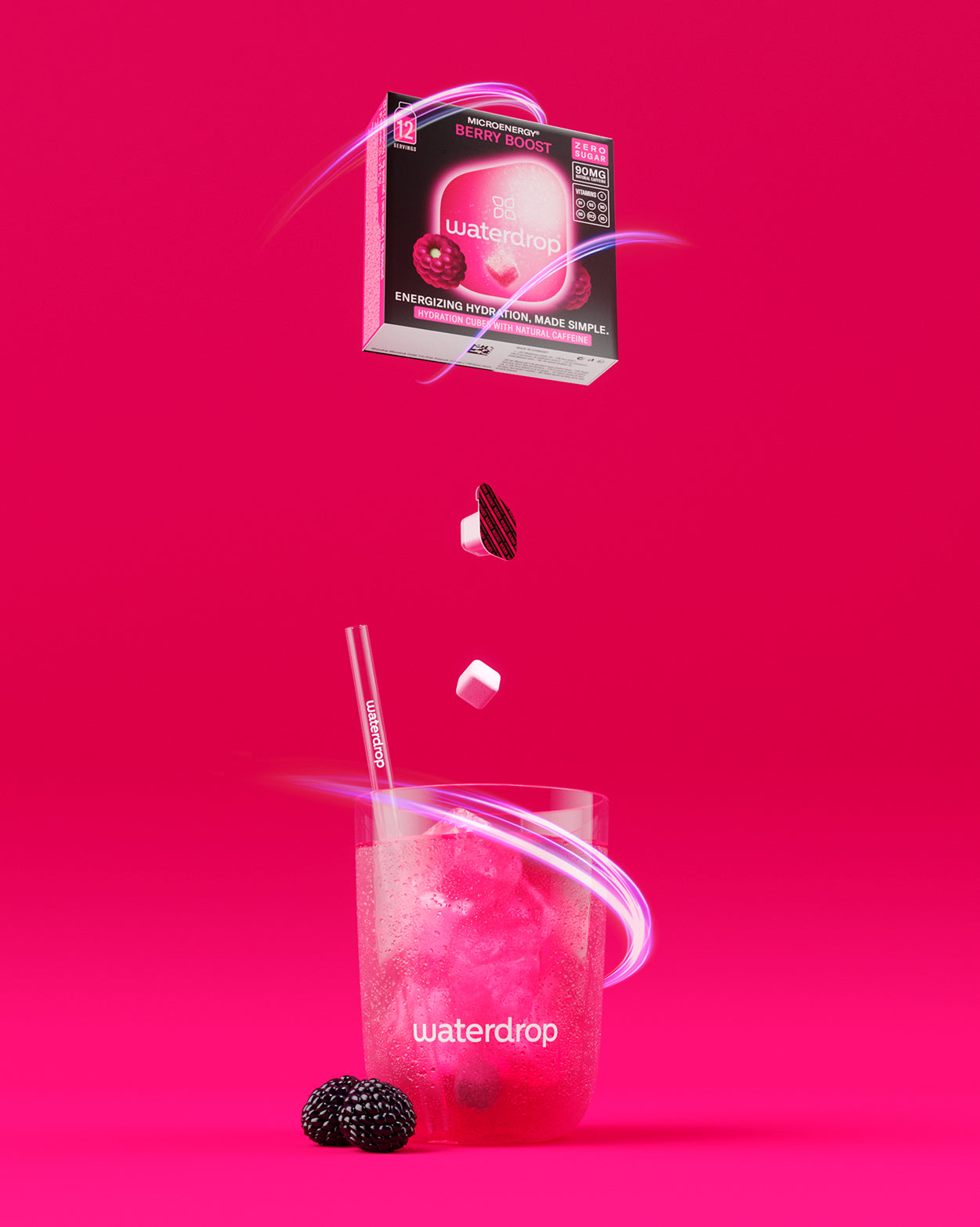 Turbo Workout Hydration Set mit Berry Boost Würfeln und Glas.