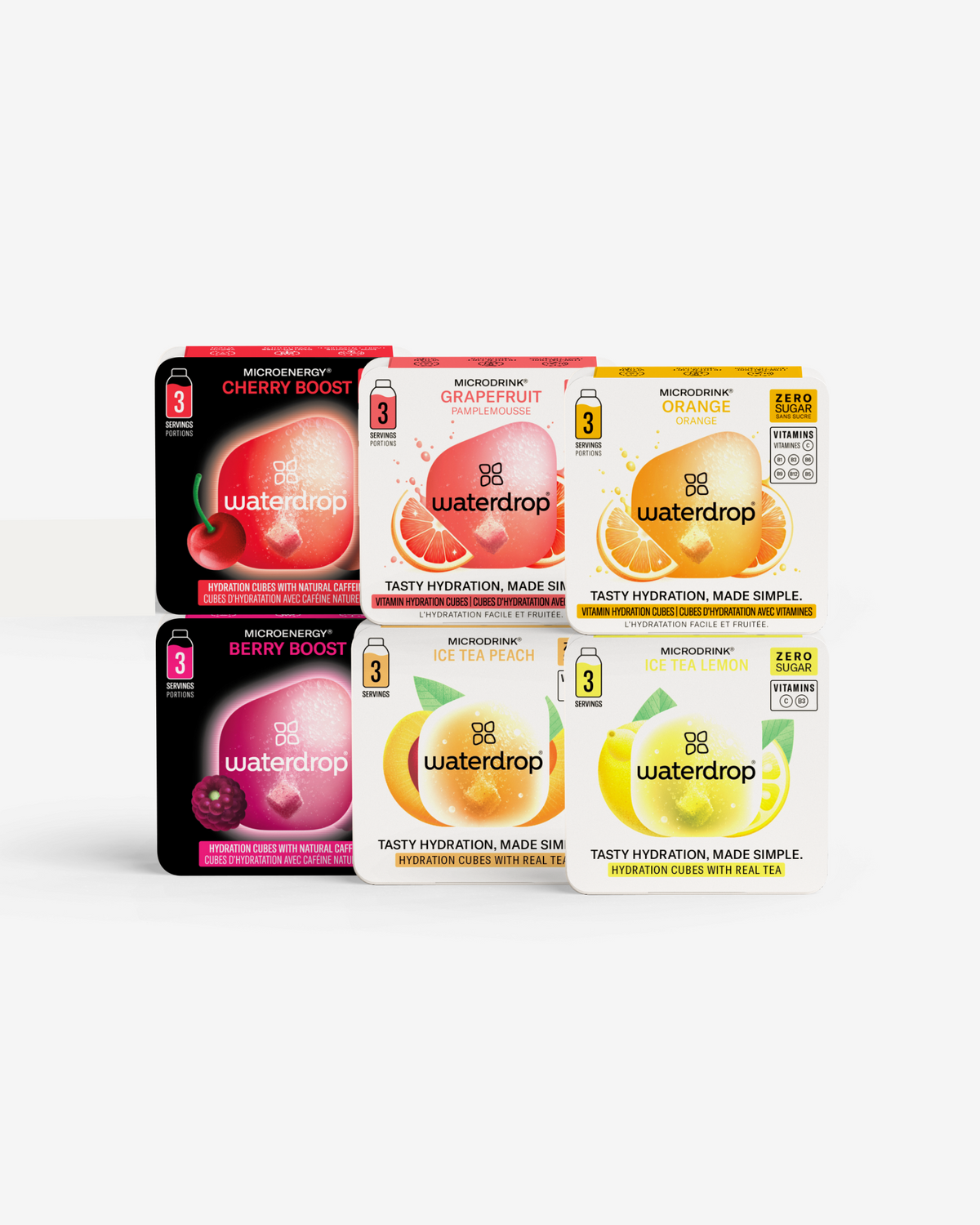 Sortenmix Probierpaket mit sechs Microdrink-Boxen von waterdrop®.