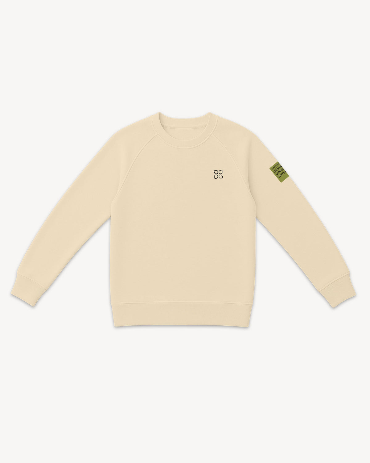 Sweater Off-White mit Logo und grünem Ärmel-Label.