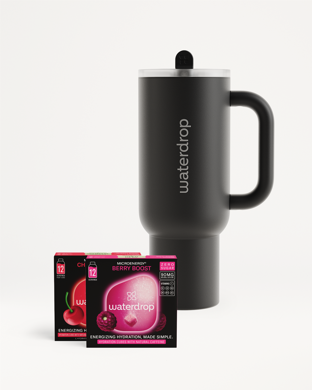 Active Mode Set: Schwarzer Thermobecher mit Berry Boost und Kirsch-MicroEnergy Würfeln.
